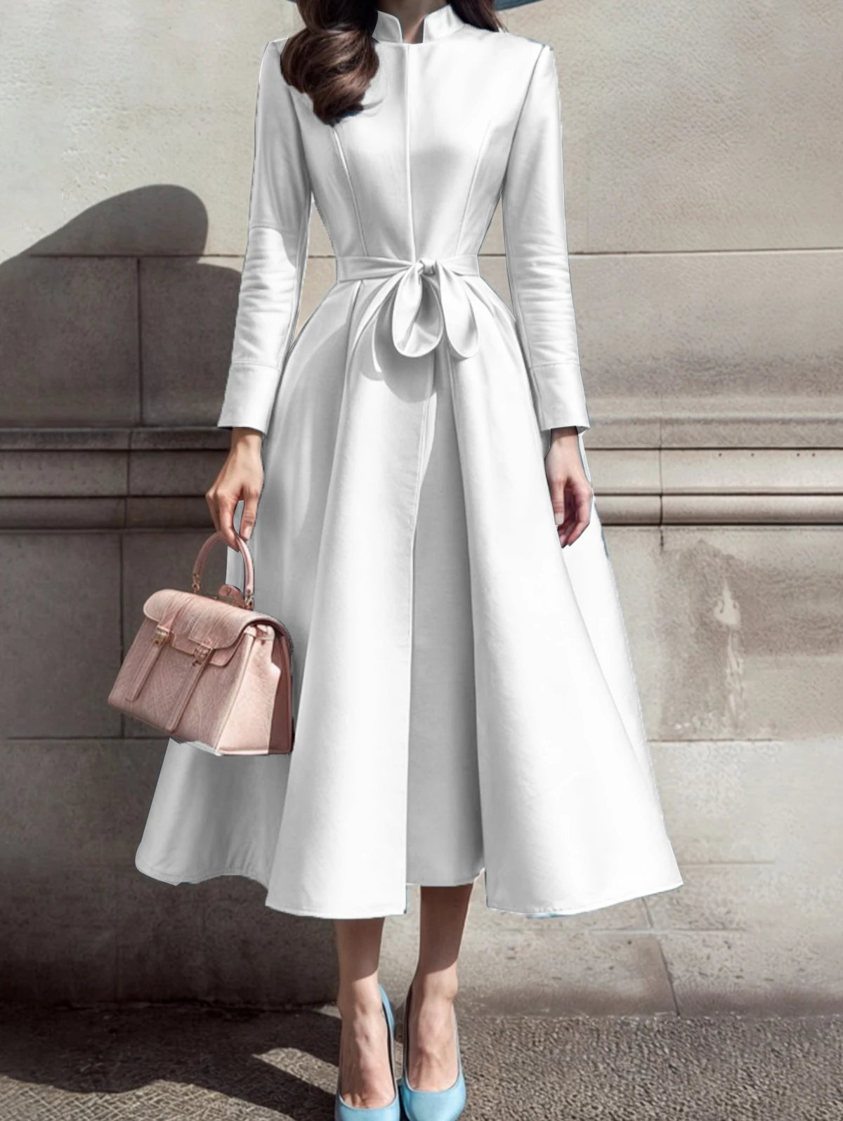 Elegant Dress for Women Stand Collar Pleated A-Line Long Sleeve Sweet Party Club Evening Wedding Guest Midi Dresses with Belt