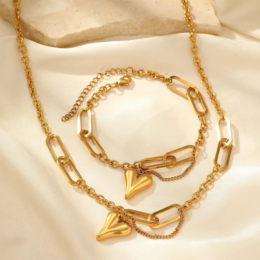 Stainless steel combination of two sets of new light luxury retro heart-shaped irregular chain women's jewelry daily matching