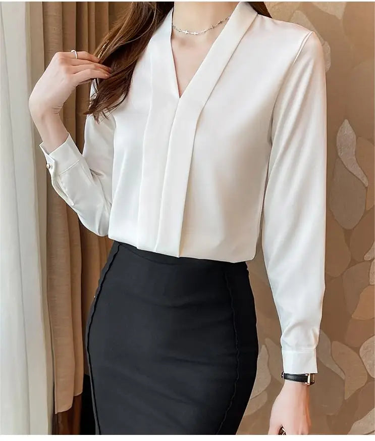 Jielur Elegant Office Lady Work White Blouse Female Fashion Basic Long Sleeve Black Shirt Women Spring Chiffon Tops V-Neck S-XXL