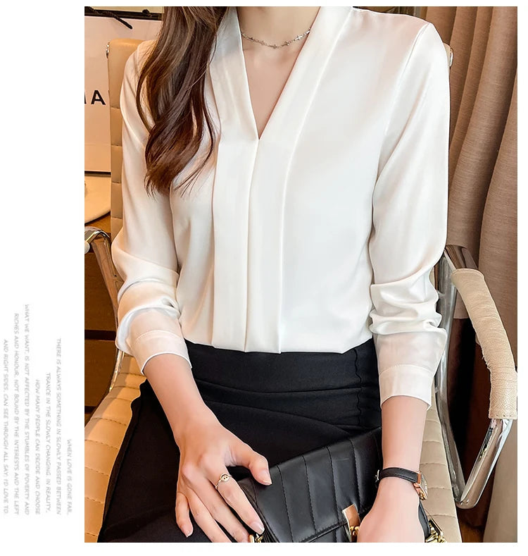 Jielur Elegant Office Lady Work White Blouse Female Fashion Basic Long Sleeve Black Shirt Women Spring Chiffon Tops V-Neck S-XXL