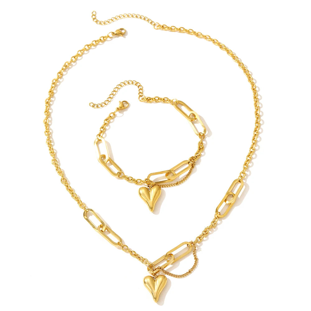 Stainless steel combination of two sets of new light luxury retro heart-shaped irregular chain women's jewelry daily matching