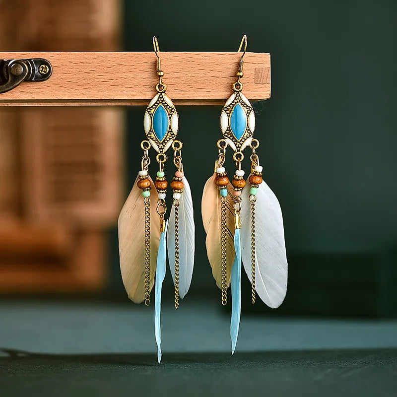 New Ethnic Long Feather Dangle Earrings For Women Bohemian Tassel Beads Handmade Enamel Earrings Girl Bride Wedding Jewelry