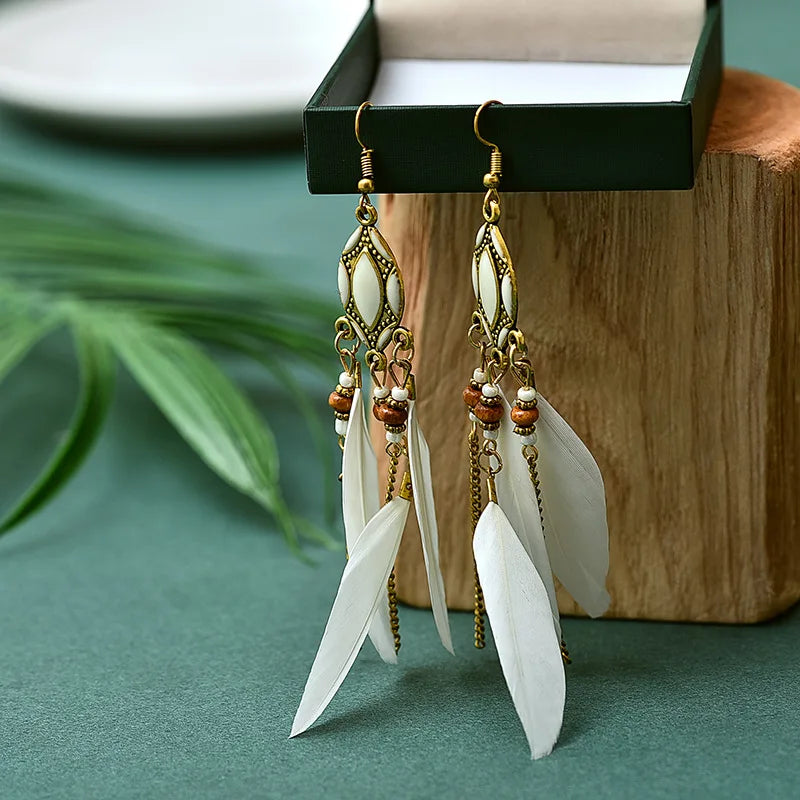 New Ethnic Long Feather Dangle Earrings For Women Bohemian Tassel Beads Handmade Enamel Earrings Girl Bride Wedding Jewelry