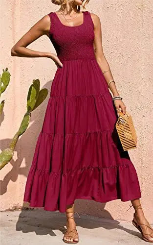 Dresses For Women 2024 Summer Sexy Elegant Sleeveless Floral Solid Color Long Dress Fashion Elastic Waist Beach Party Big Swing