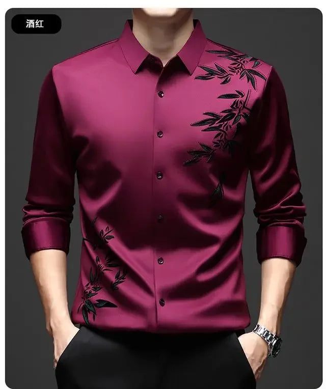 Autumn Winter Plus Fleece Men Shirts Printing Anti-Wrinkle Thermal Turn-down Collar Long Sleeve Banquet Single-breasted Tops