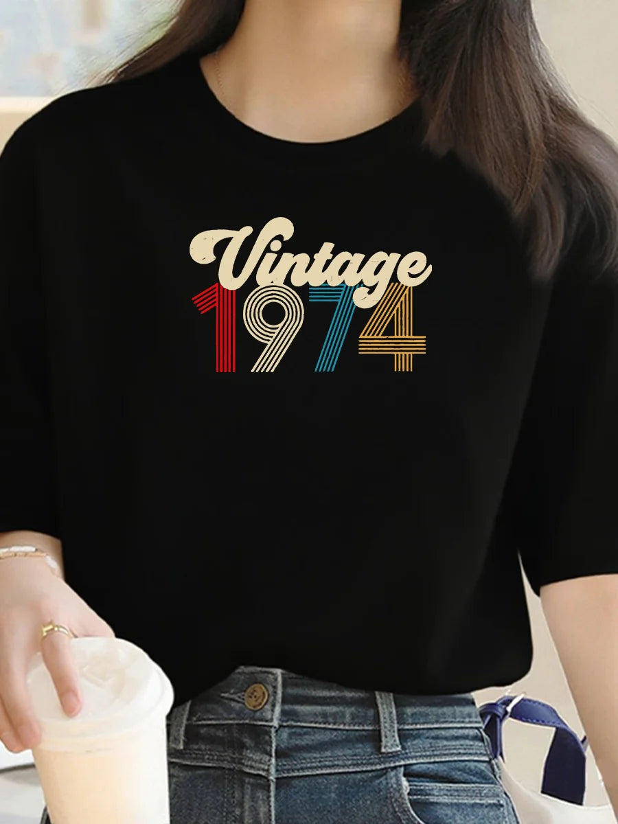 Letter 1974 Print T-Shirt for Women - Summer Comfort Top - Outdoor Short Sleeve - Fashionable Women's Clothing
