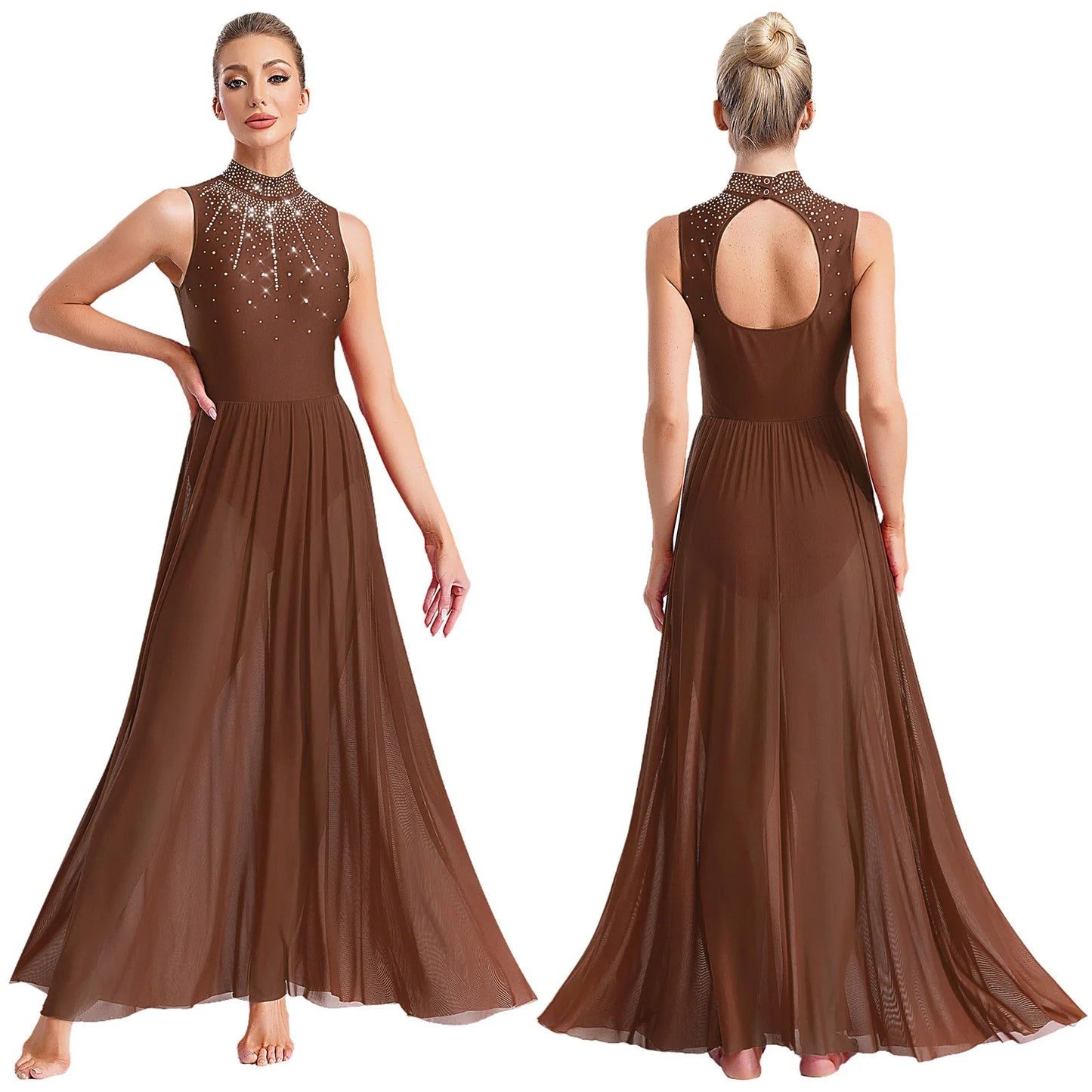 Womens Lyrical Dance Long Dress Cutout Back Full Length Overlay Leotard Costume Lady Latin Rumba Tango Maxi Dress Dancewear