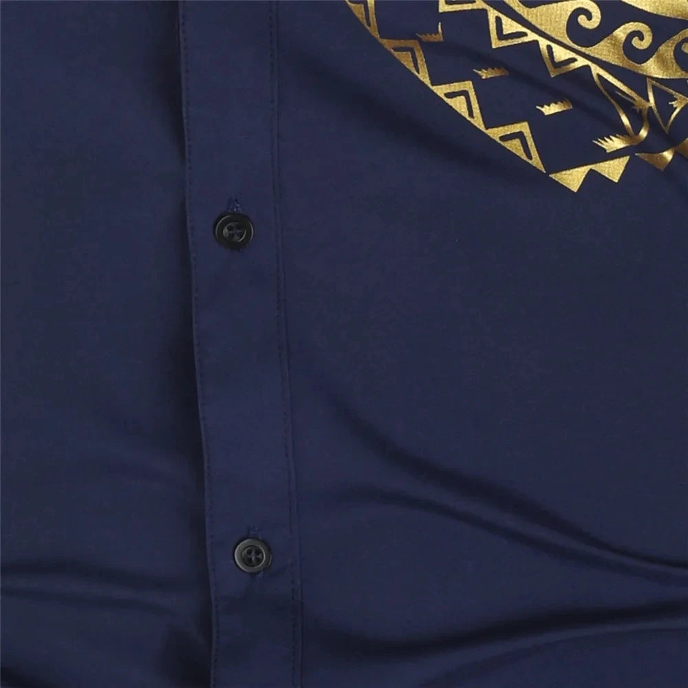 Autumn Men's Red Long-sleeved Shirt with Gold Print Decoration, Asian Size/ Loose Fit White Shirts, Available in Black and Blue.