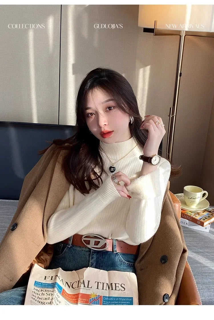 Sweater For Women Winter Thicken Turtleneck Slim Knit Pullover New Warm Plush Velvet Lined Knitwear Jumper Tops Casual Poleras