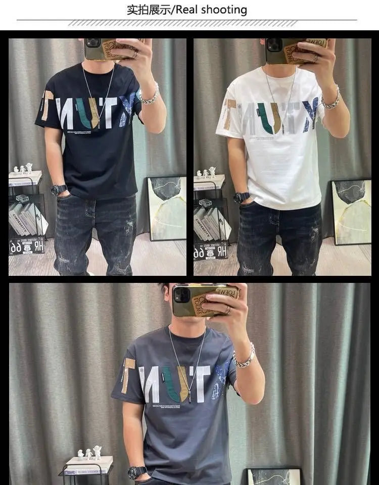 2023 Summer New Fashion Street Letter Printing T-Shirts Man Korean Style Round Neck Short Sleeve Loose Casual Cotton Pullovers