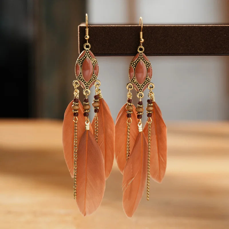New Ethnic Long Feather Dangle Earrings For Women Bohemian Tassel Beads Handmade Enamel Earrings Girl Bride Wedding Jewelry
