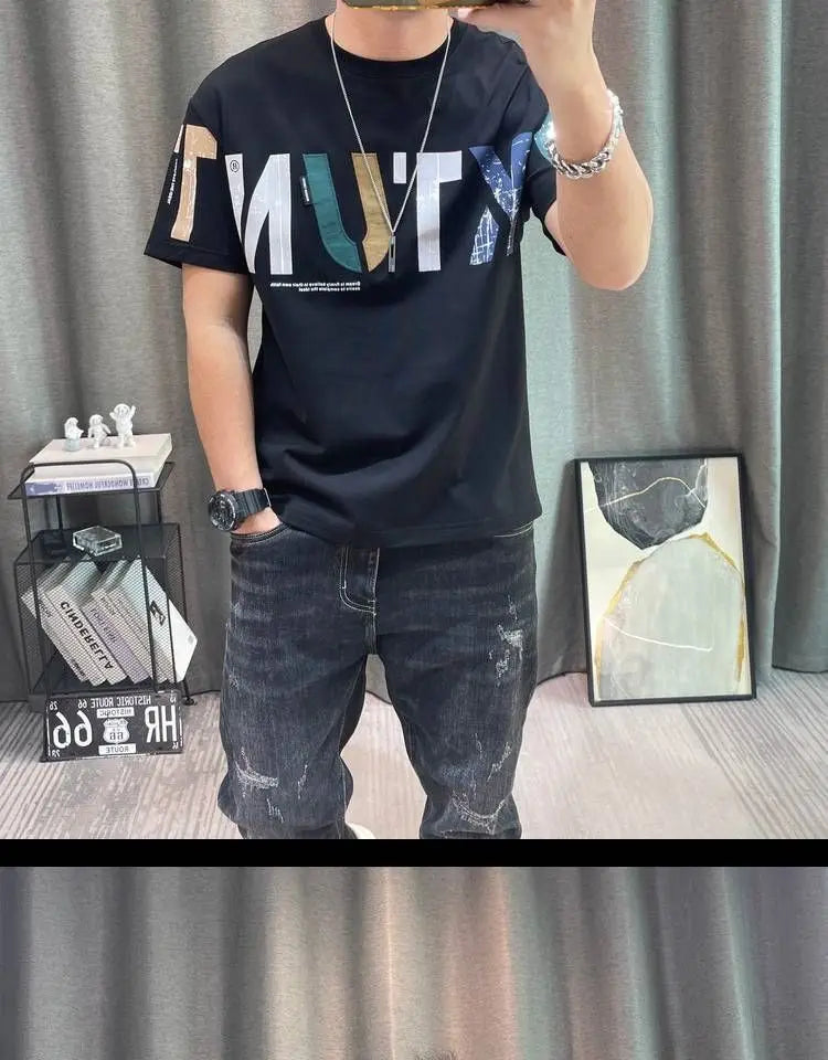 2023 Summer New Fashion Street Letter Printing T-Shirts Man Korean Style Round Neck Short Sleeve Loose Casual Cotton Pullovers