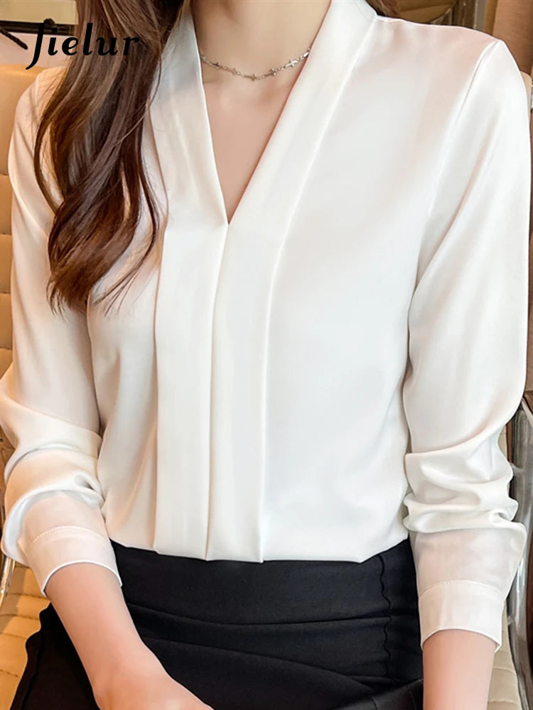 Jielur Elegant Office Lady Work White Blouse Female Fashion Basic Long Sleeve Black Shirt Women Spring Chiffon Tops V-Neck S-XXL