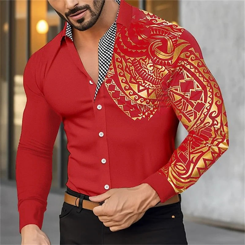 Autumn Men's Red Long-sleeved Shirt with Gold Print Decoration, Asian Size/ Loose Fit White Shirts, Available in Black and Blue.