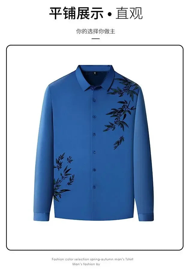 Autumn Winter Plus Fleece Men Shirts Printing Anti-Wrinkle Thermal Turn-down Collar Long Sleeve Banquet Single-breasted Tops