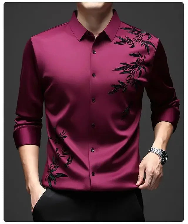 Autumn Winter Plus Fleece Men Shirts Printing Anti-Wrinkle Thermal Turn-down Collar Long Sleeve Banquet Single-breasted Tops