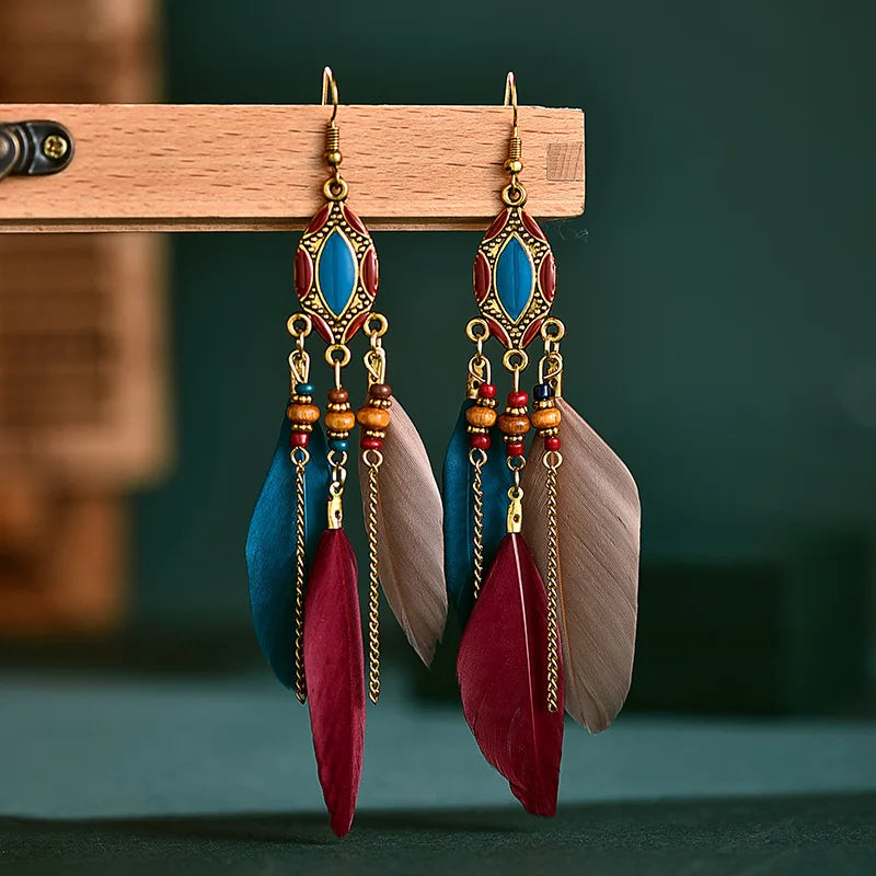 New Ethnic Long Feather Dangle Earrings For Women Bohemian Tassel Beads Handmade Enamel Earrings Girl Bride Wedding Jewelry