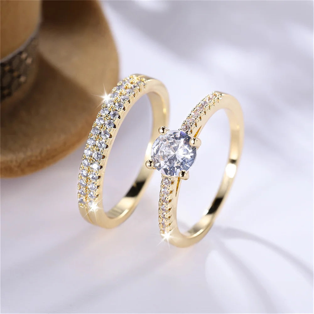 Luxury Female 2pcs Small Round White Zircon Stone Ring Set Promise Gold Color Wedding Engagement Jewelry For Women