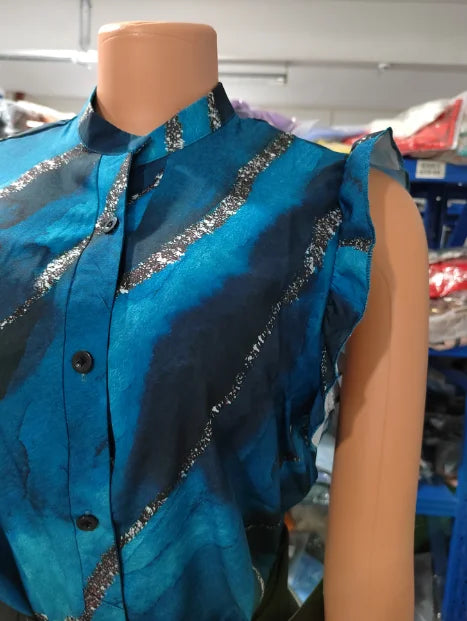 Women's Pant Set 2023 Summer Fashion Geometric Print Ruffle Sleeve Top and Pants Set with Belt Elegant Office Suit