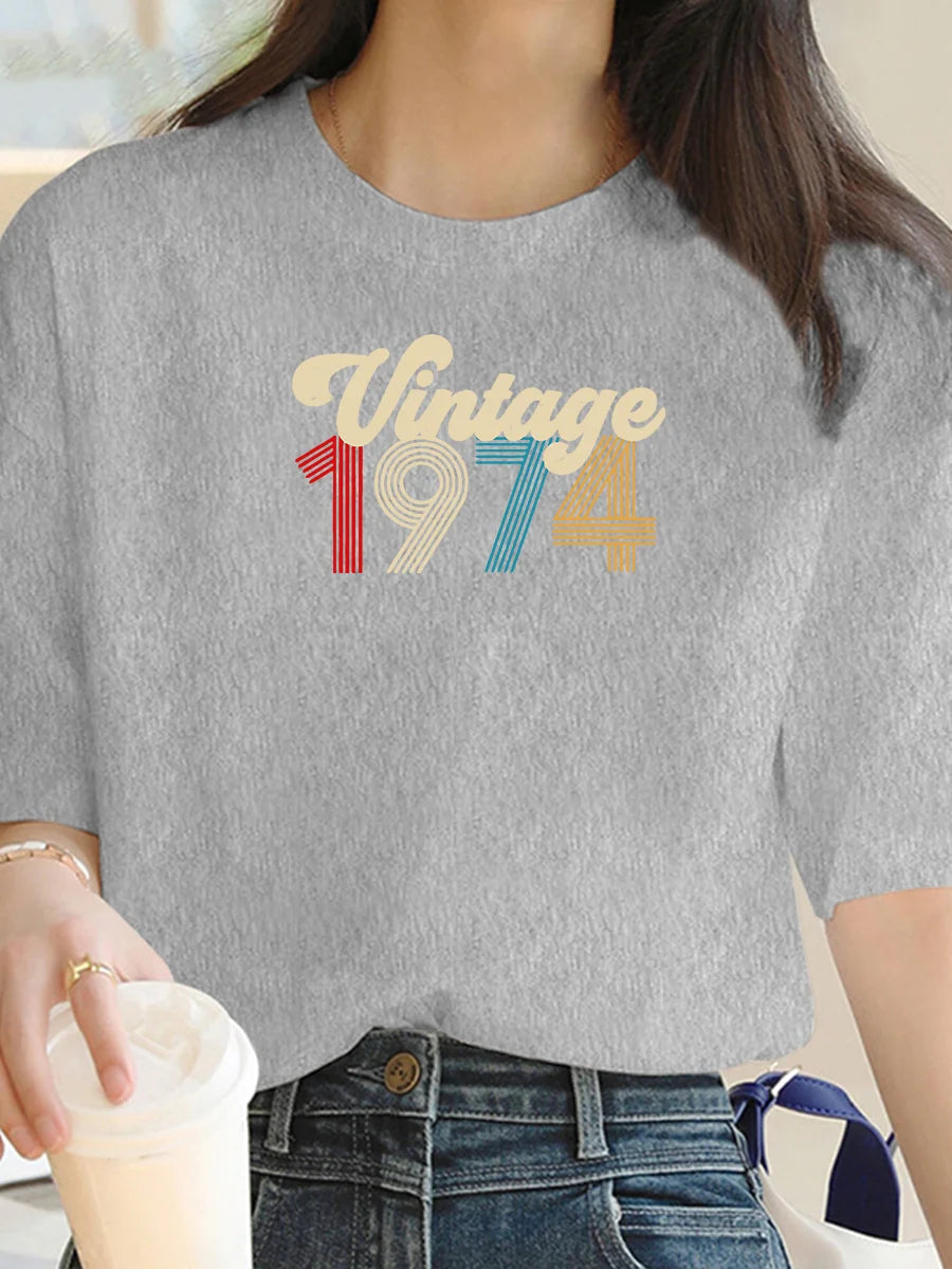 Letter 1974 Print T-Shirt for Women - Summer Comfort Top - Outdoor Short Sleeve - Fashionable Women's Clothing