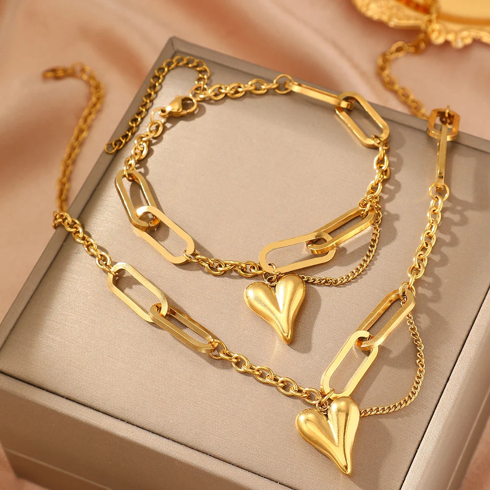 Stainless steel combination of two sets of new light luxury retro heart-shaped irregular chain women's jewelry daily matching