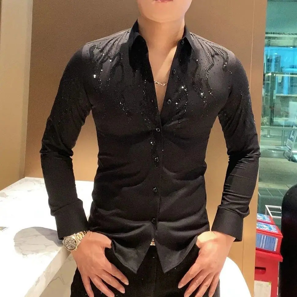 Heavy Industry Hot Diamond Shirt Men Spring and Autumn Trendy Slim Versatile Long-sleeved Shirt Trendy Brand Tops