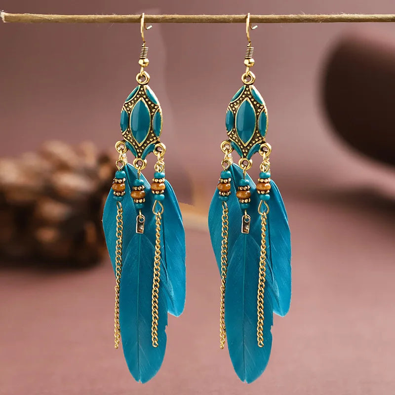 New Ethnic Long Feather Dangle Earrings For Women Bohemian Tassel Beads Handmade Enamel Earrings Girl Bride Wedding Jewelry