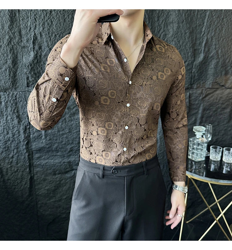 Camisas De Hombre Men Fashion Long Sleeve Jacquard Shirt High Quality Luxury Business Slimming Social Elegant Dress Casual Shirt