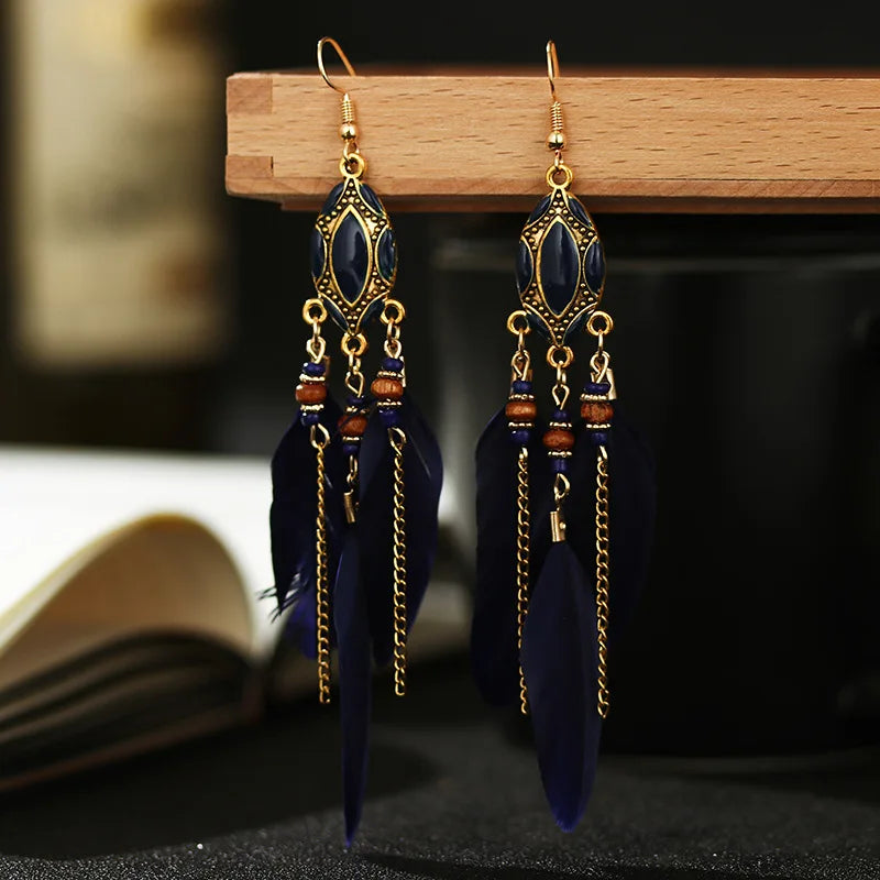 New Ethnic Long Feather Dangle Earrings For Women Bohemian Tassel Beads Handmade Enamel Earrings Girl Bride Wedding Jewelry