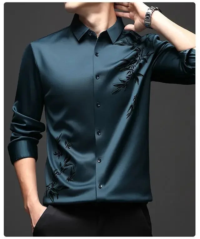 Autumn Winter Plus Fleece Men Shirts Printing Anti-Wrinkle Thermal Turn-down Collar Long Sleeve Banquet Single-breasted Tops