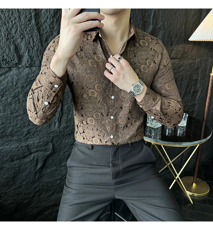 Camisas De Hombre Men Fashion Long Sleeve Jacquard Shirt High Quality Luxury Business Slimming Social Elegant Dress Casual Shirt