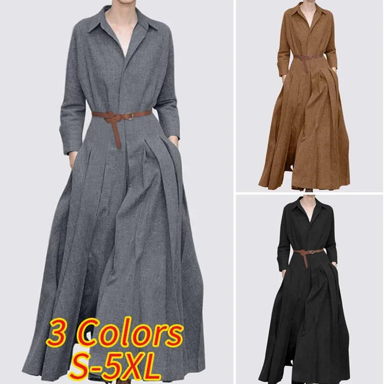 Elegant Shirt Dress for Women Fashion Lapel Temperament Long Dress Spring Autumn New Casual Office Ladies Maxi Dress Modest Robe