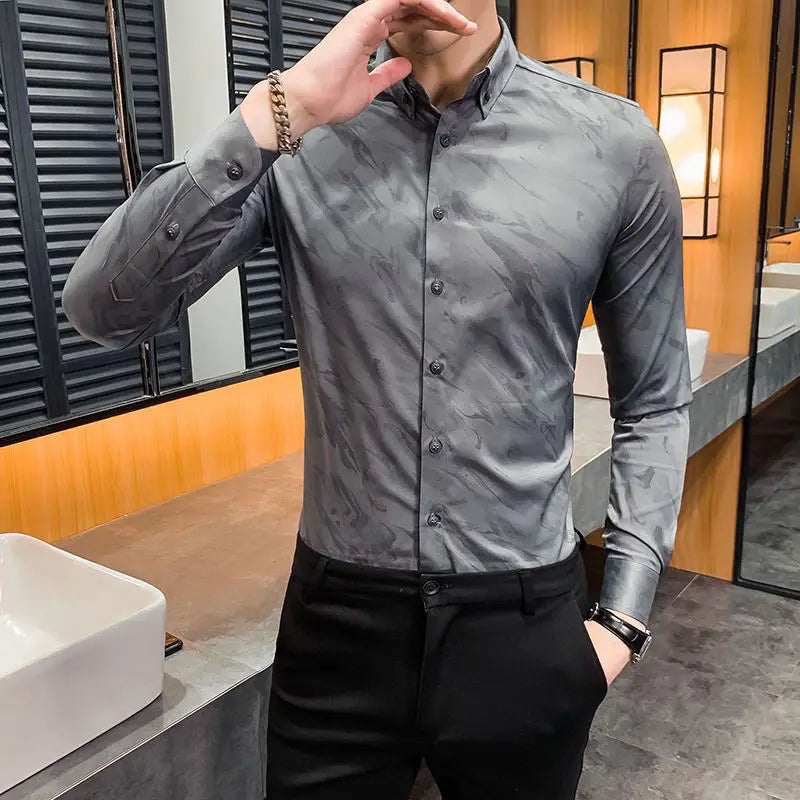 Men Clothing Korean Fashion Print Business Casual Button Down Shirt Spring Autumn Lapel Long Sleeve Slim Tops Camisas De Hombre