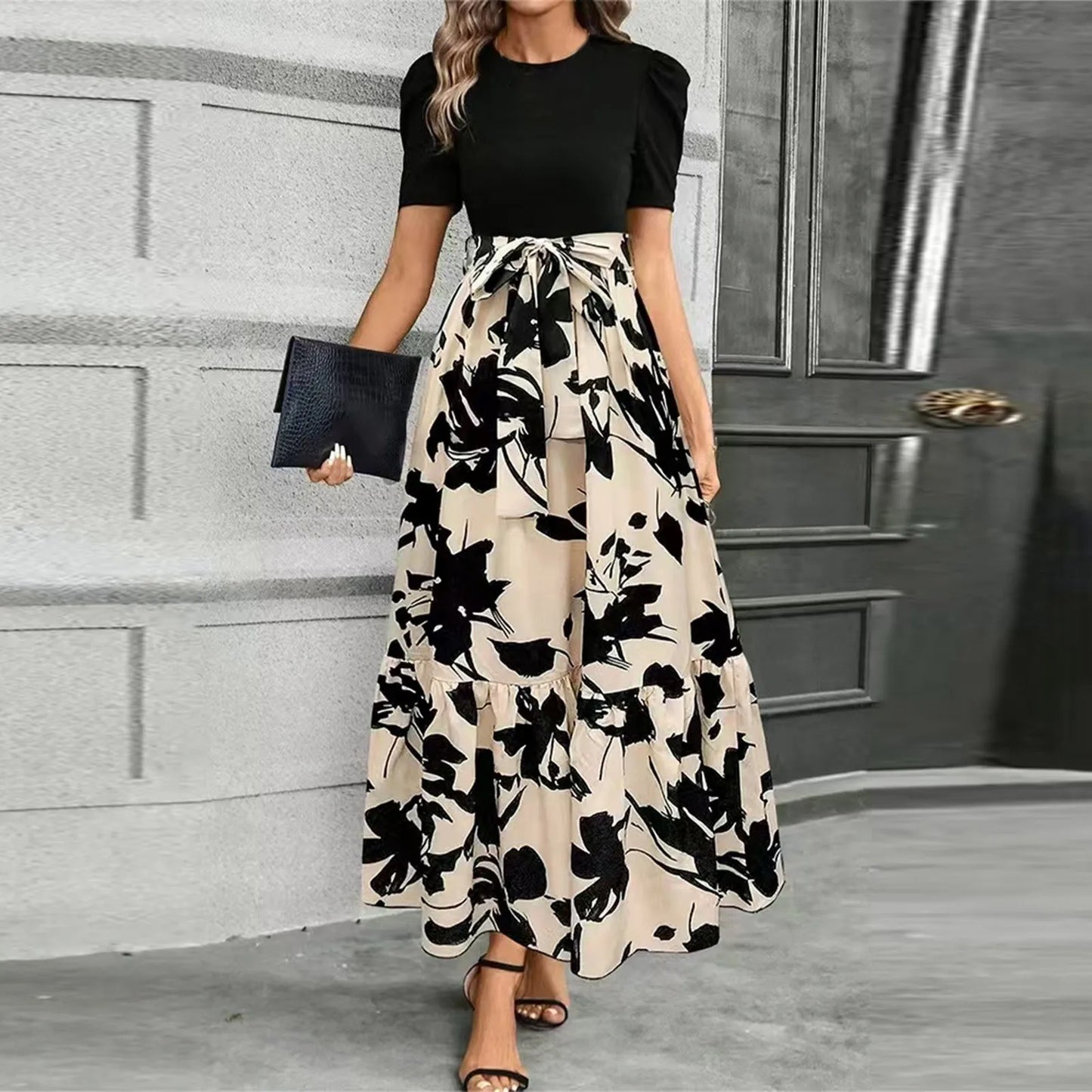 Dresses Elegant Office Lady Outfits A-line Lace-up Slim Fit Waist Ruffle Hem Skirt Women Dress Summer vestidos de mujer casuales