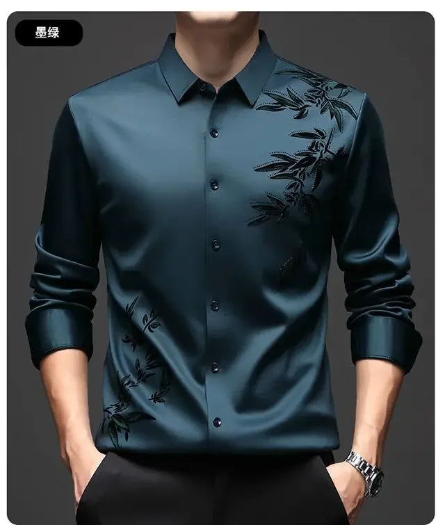 Autumn Winter Plus Fleece Men Shirts Printing Anti-Wrinkle Thermal Turn-down Collar Long Sleeve Banquet Single-breasted Tops
