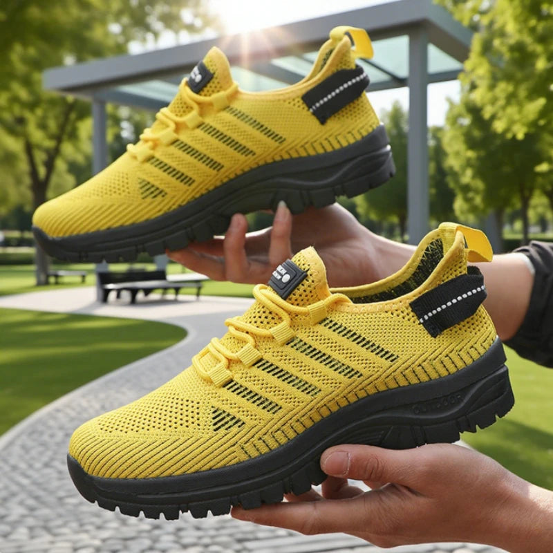 Men's Casual Mesh Shoe Breathable Knitted Comfortable Outdoor Flat Walking Shoes Trendy Striped Design Jogging Shoe Sneakers Men