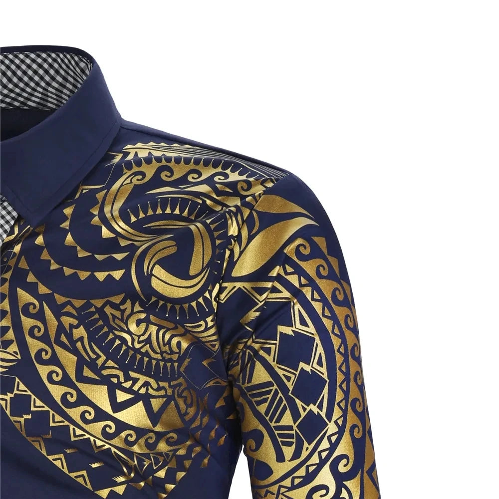 Autumn Men's Red Long-sleeved Shirt with Gold Print Decoration, Asian Size/ Loose Fit White Shirts, Available in Black and Blue.