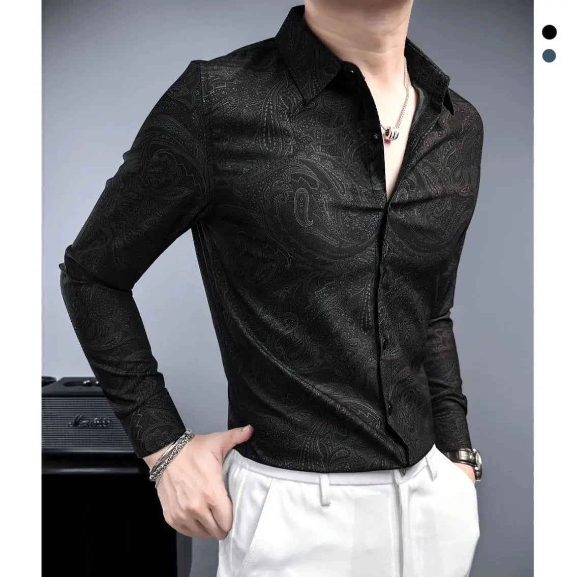 New Spring Summer Men Premium Print Casual Slim Fit Long Sleeve Shirt