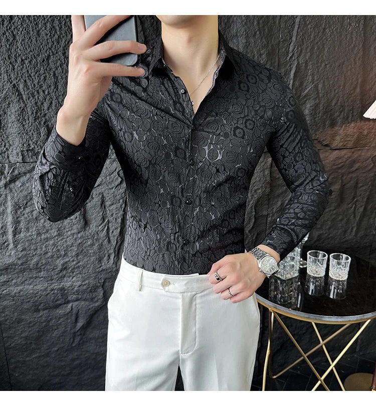 Camisas De Hombre Men Fashion Long Sleeve Jacquard Shirt High Quality Luxury Business Slimming Social Elegant Dress Casual Shirt