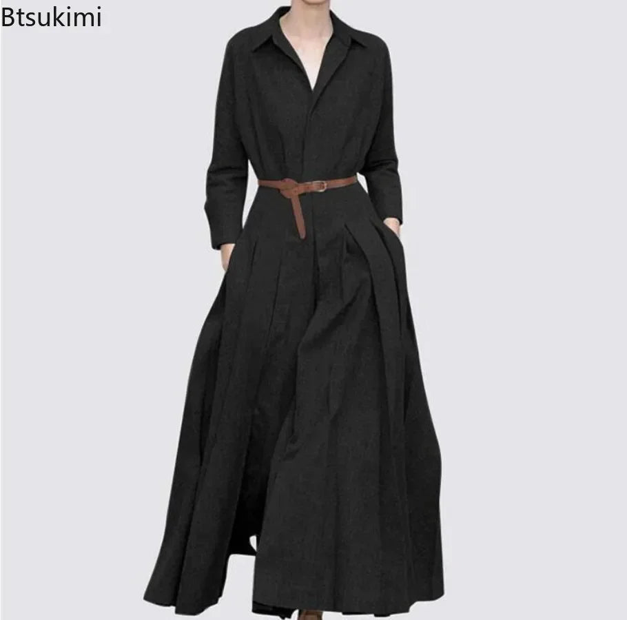 Elegant Shirt Dress for Women Fashion Lapel Temperament Long Dress Spring Autumn New Casual Office Ladies Maxi Dress Modest Robe