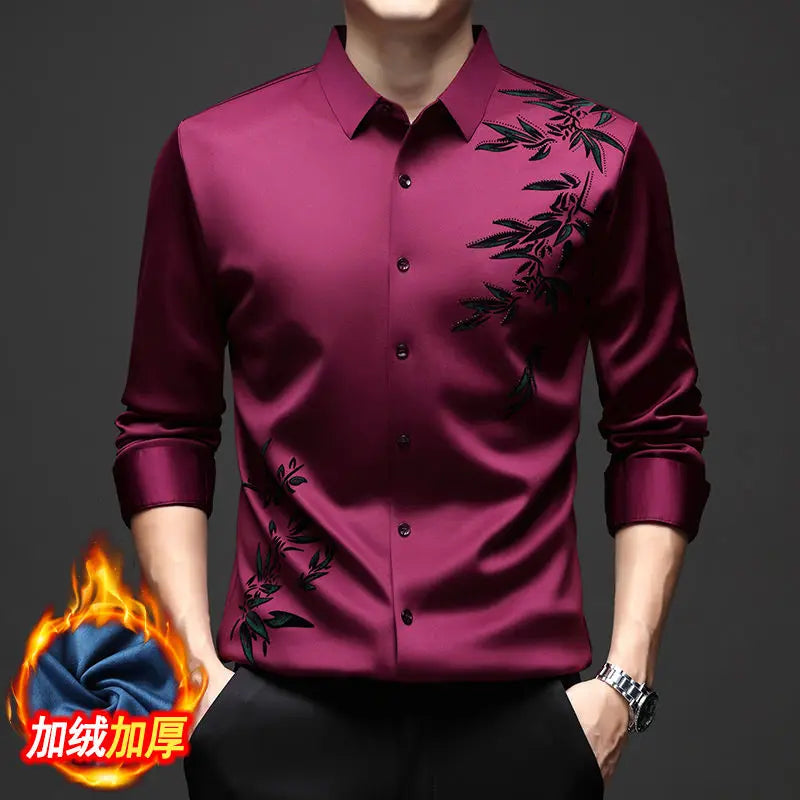 Autumn Winter Plus Fleece Men Shirts Printing Anti-Wrinkle Thermal Turn-down Collar Long Sleeve Banquet Single-breasted Tops