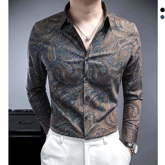 New Spring Summer Men Premium Print Casual Slim Fit Long Sleeve Shirt