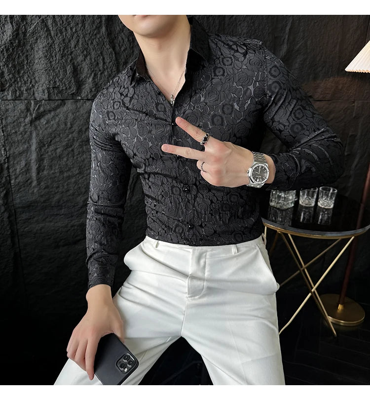 Camisas De Hombre Men Fashion Long Sleeve Jacquard Shirt High Quality Luxury Business Slimming Social Elegant Dress Casual Shirt