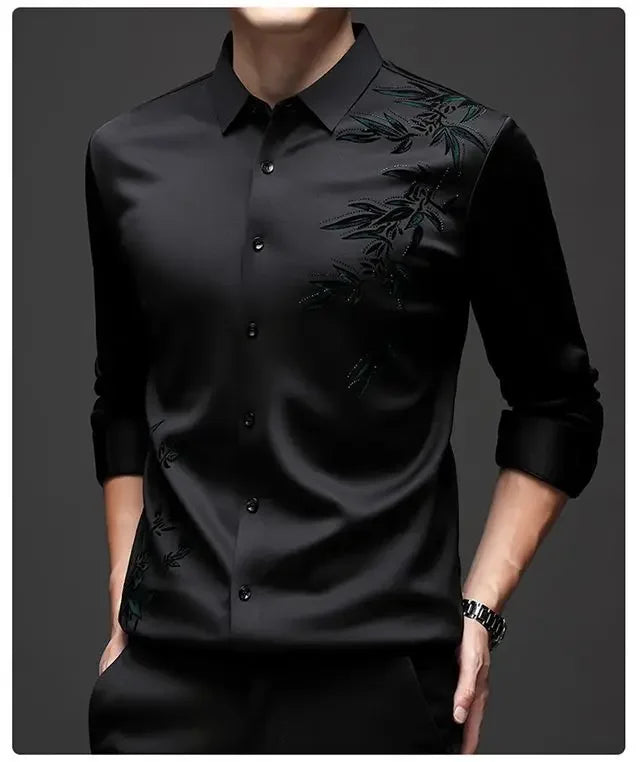 Autumn Winter Plus Fleece Men Shirts Printing Anti-Wrinkle Thermal Turn-down Collar Long Sleeve Banquet Single-breasted Tops