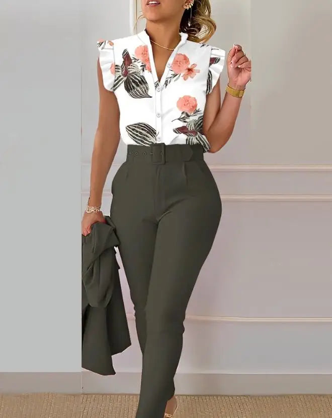 Women's Pant Set 2023 Summer Fashion Geometric Print Ruffle Sleeve Top and Pants Set with Belt Elegant Office Suit