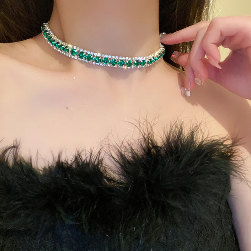 DREJEW Inlaid Green Crystal Necklaces Stud Earrings Jewelry Set For Women Luxury Necklace and Earring with Rhinestones For Party