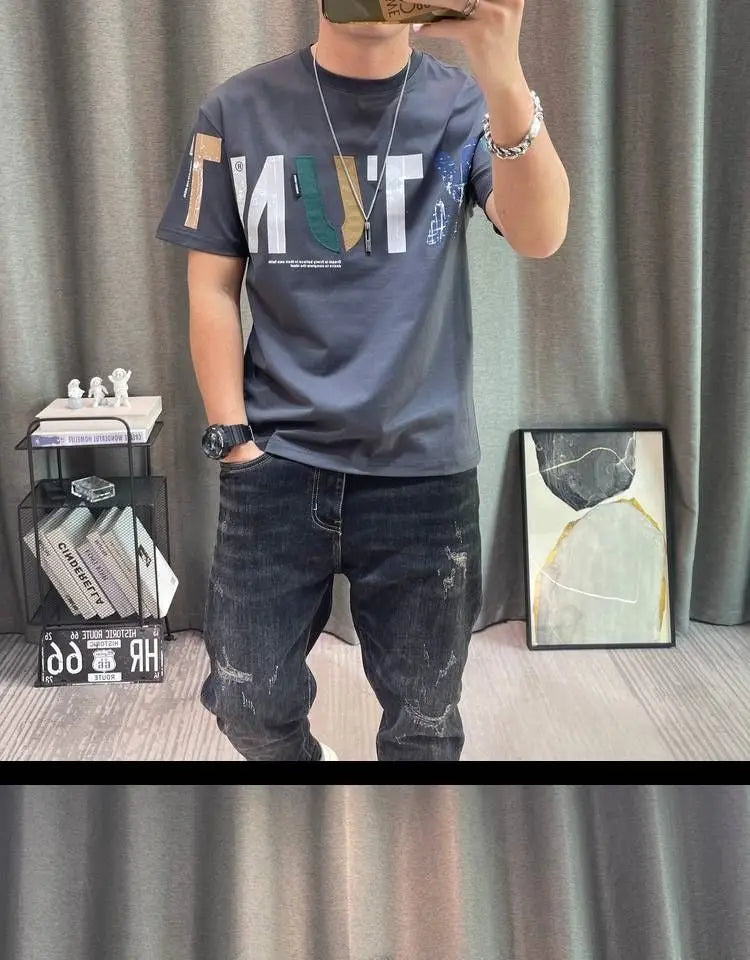 2023 Summer New Fashion Street Letter Printing T-Shirts Man Korean Style Round Neck Short Sleeve Loose Casual Cotton Pullovers