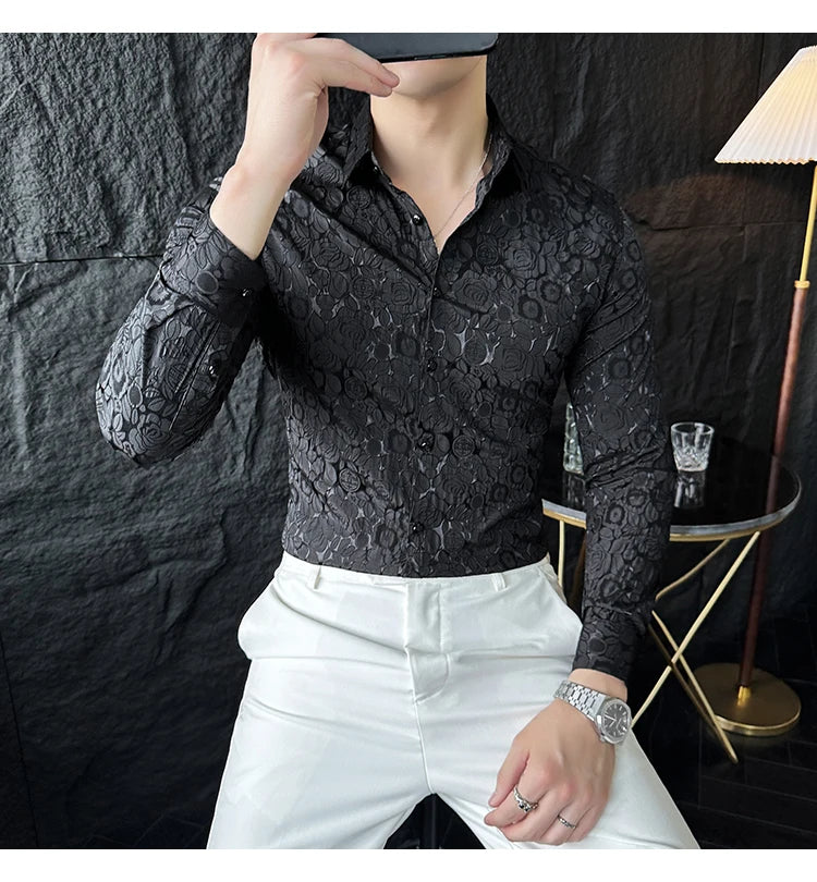 Camisas De Hombre Men Fashion Long Sleeve Jacquard Shirt High Quality Luxury Business Slimming Social Elegant Dress Casual Shirt