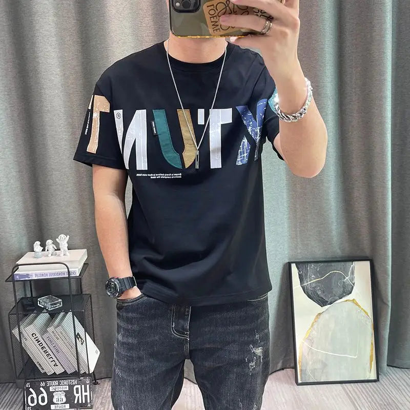 2023 Summer New Fashion Street Letter Printing T-Shirts Man Korean Style Round Neck Short Sleeve Loose Casual Cotton Pullovers