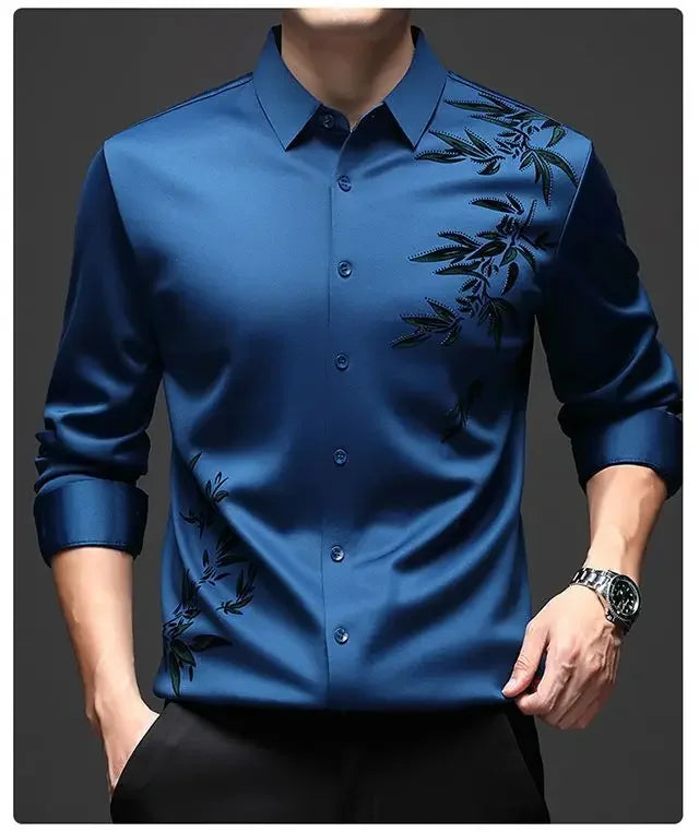 Autumn Winter Plus Fleece Men Shirts Printing Anti-Wrinkle Thermal Turn-down Collar Long Sleeve Banquet Single-breasted Tops